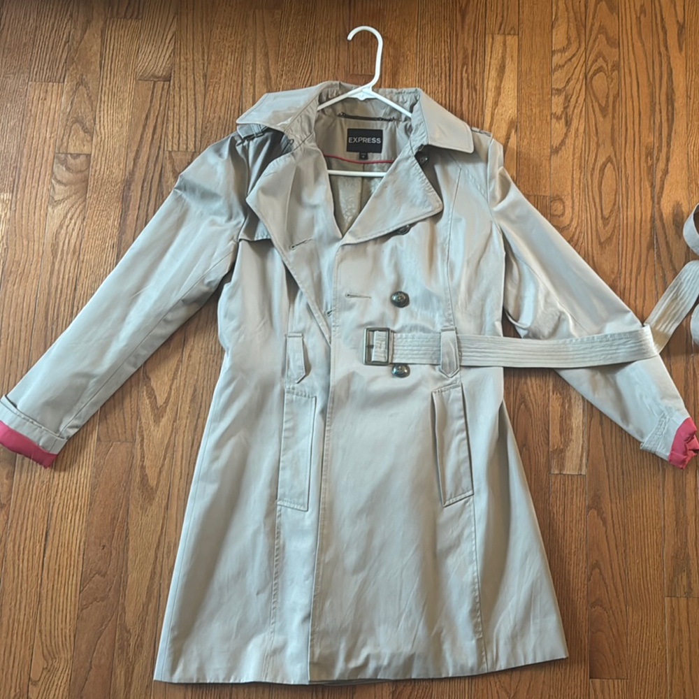 Express Light Tan Trench Coat with Pink Trim